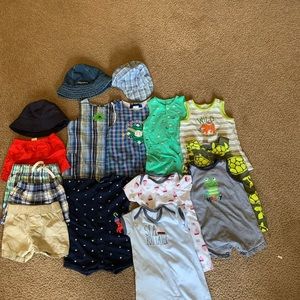 6-9 month bundle of rompers, shorts, hats